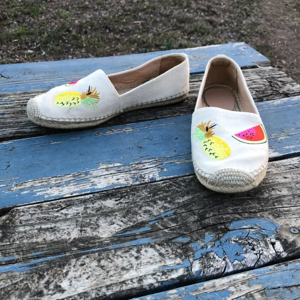 J Crew Canvas Espadrilles with Stitched Fruit Design, Size 9.5
